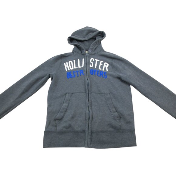 Hollister Hoodie Mens Large Gray Fleece Lined Embroidered Destroyer Full Zipper - Picture 1 of 10